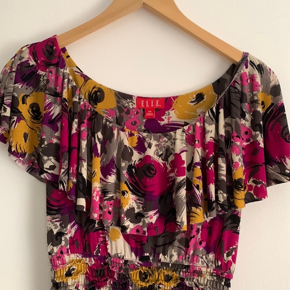 Elle | Floral Dress Off The Shoulder XS Abstract Soft Flowers Summer Flowy - Picture 3 of 8